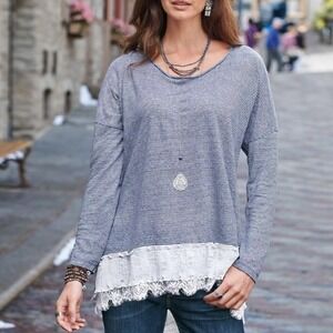 Sundance Navy BREEZY STRIPES 100% Linen LAYERED Ruffle TUNIC Top Women Medium